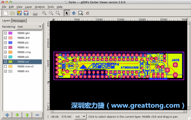 將圖層匯入你的Gerber預(yù)覽工具內(nèi)（下圖為Gerbv），我通常會(huì)從上到下重新排列它們的順序，好讓我比較好校對(duì)：