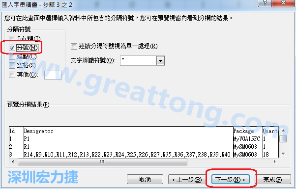 新增一個(gè)新的Excel文檔，[資料]匯入[從文字檔]，然后選擇剛產(chǎn)生的BOM (.csv)檔案，并以"分號(hào)"作為分隔符號(hào)。